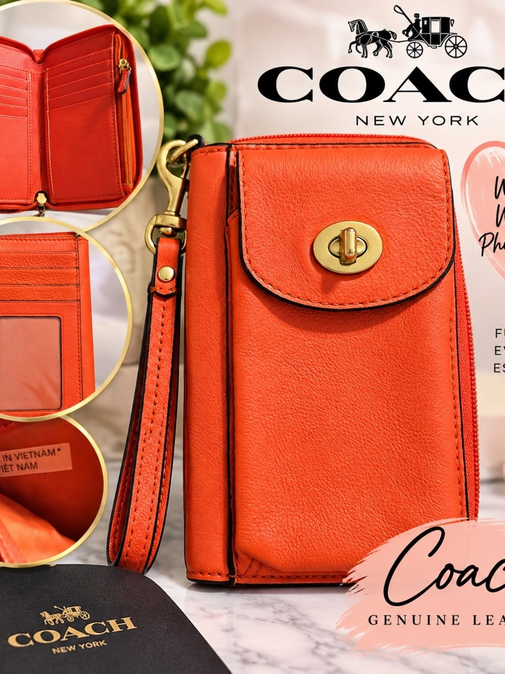 Coach Pebbled Leather Orange Phone Wallet-Wristlet - Coach